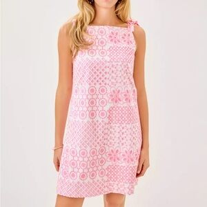 Lilly Pulitzer Gerad Shift Dress Pink White Bow 4 Zip Embroidered Patchwork